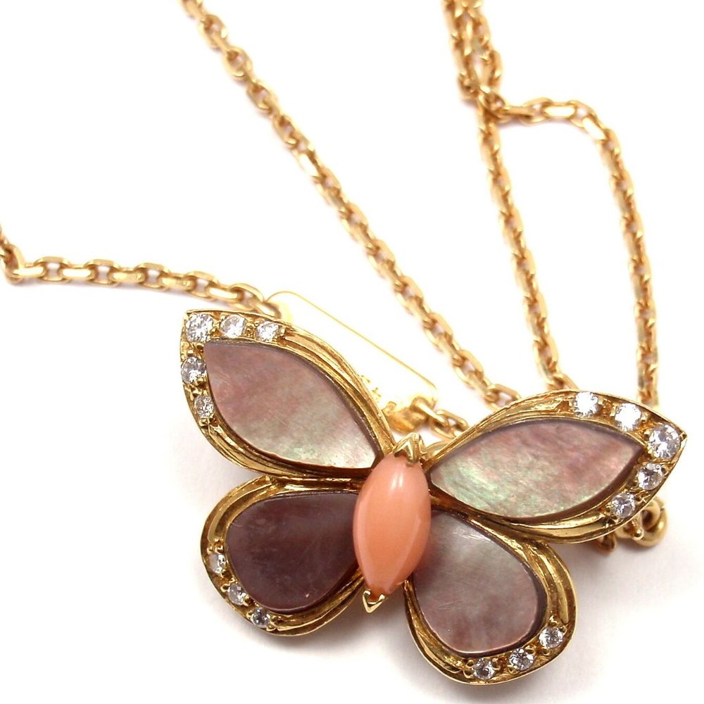 VAN CLEEF & ARPELS 18k Yellow Gold Diamond MOP Coral Butterfly Brooch Necklace